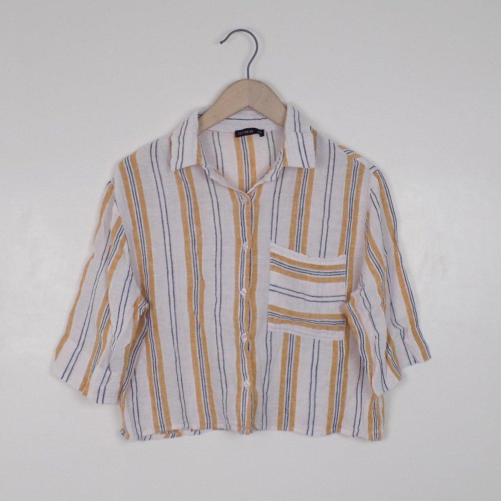 Urban Outfitters White Striped Button-Down Shirt with Mustard and Navy